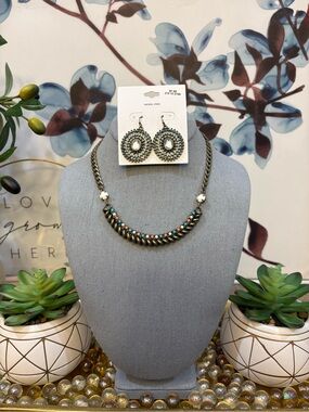 Boho Beaded Statement Necklace & Earrings Set - Teal, White & Coral Accents